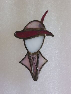 Art Deco Stained Glass Lady Brooch in Pink and Red Hand Made By Artist